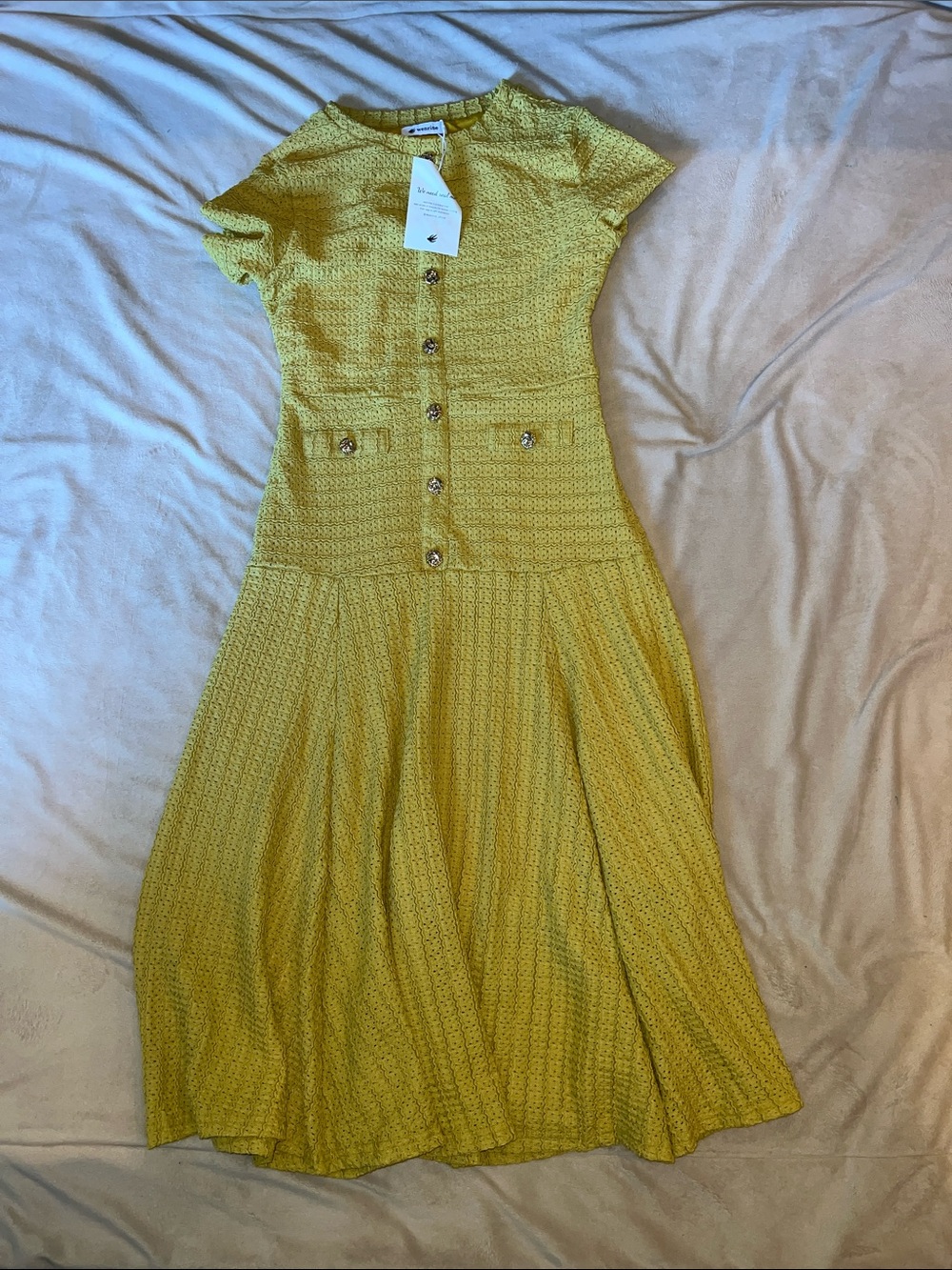 Wenrine Yellow Short-Sleeve Button Front Midi Dress